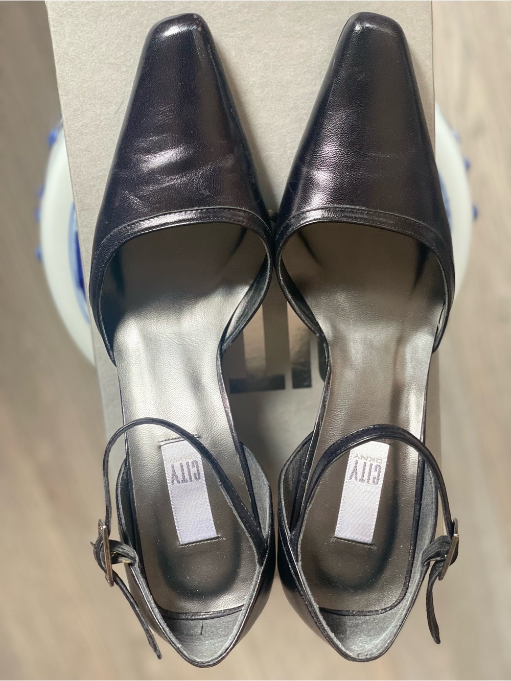DKNY Black Leather Pointed Toe Slingback Heels